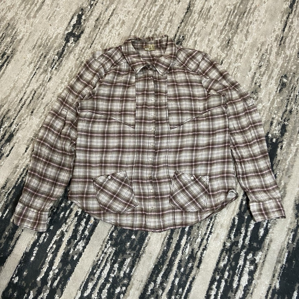 Athleta Womens‎ Brown Pink Plaid Pearl Snap Roll Tab Crinkle Shirt Top Sz XL